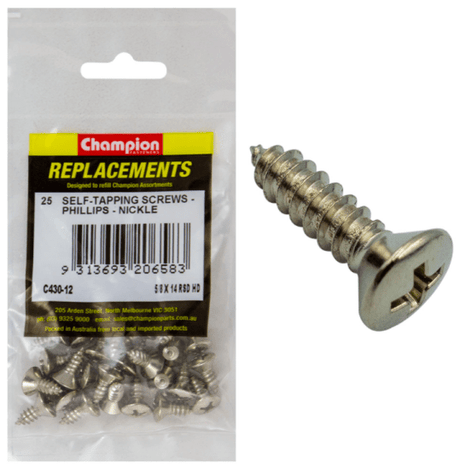 5/8 x 14 self-tapping screws in a 25-pack, nickel-coated for durability and corrosion resistance, ideal for various materials.