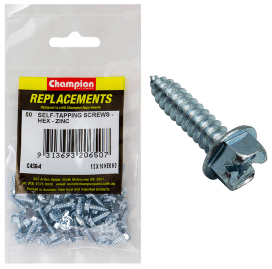 1/2 x 10 HEX HD self-tapping screws in zinc, 50-pack; ideal for easy fastening without pre-drilling, perfect for various materials.