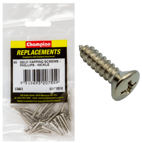 High-quality 6G x 1" self-tapping screws in nickel finish, ideal for wood, metal, and plastic projects – 40 pack.