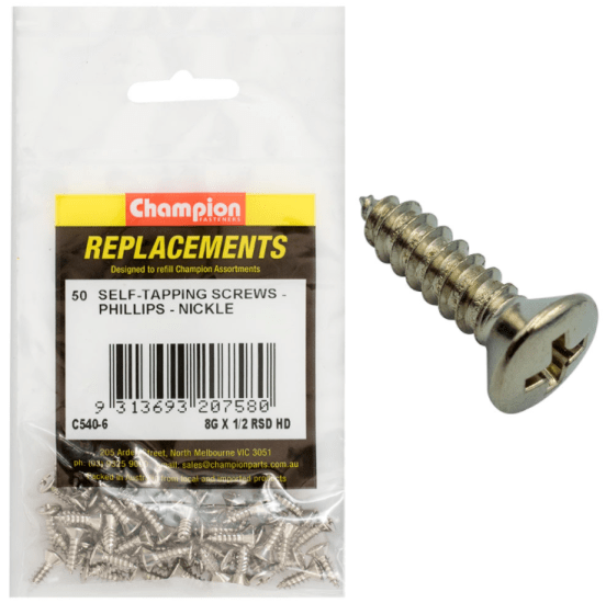 Nickel-finish 8G x 1/2 RSD HD self-tapping screws, 50-pack, ideal for wood and metal projects with easy installation.