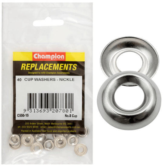 No.8 Cup Washers - 40PK: Premium washers for No.8 screws, ensuring a secure, leak-proof seal in plumbing and construction projects.