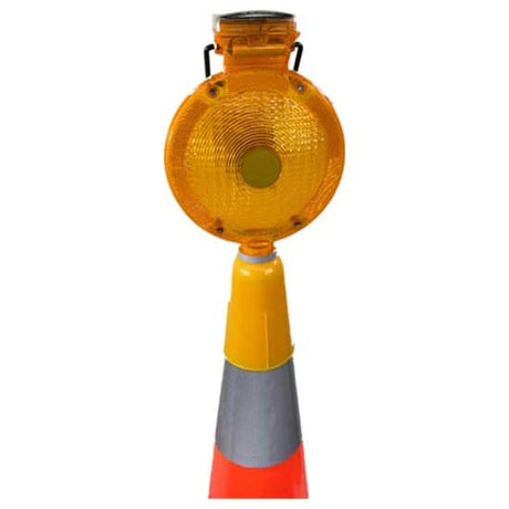 Amber solar traffic cone light designed for visibility, featuring automatic night flashing and waterproof durability.