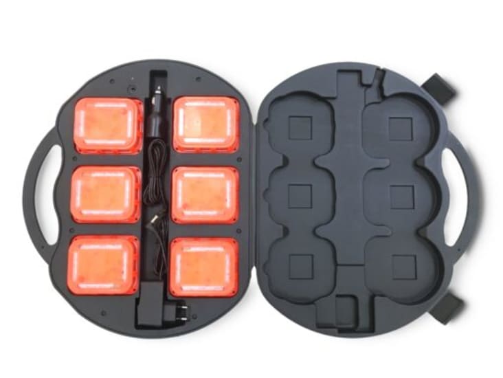 Rechargeable LED sequential road flares kit with 12 side LEDs, 4 top LEDs, and 72-hour battery life for maximum visibility.