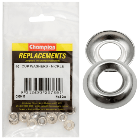 No.8 nickel cup washers in a 20-pack, offering corrosion resistance and secure fits for various fastening projects.