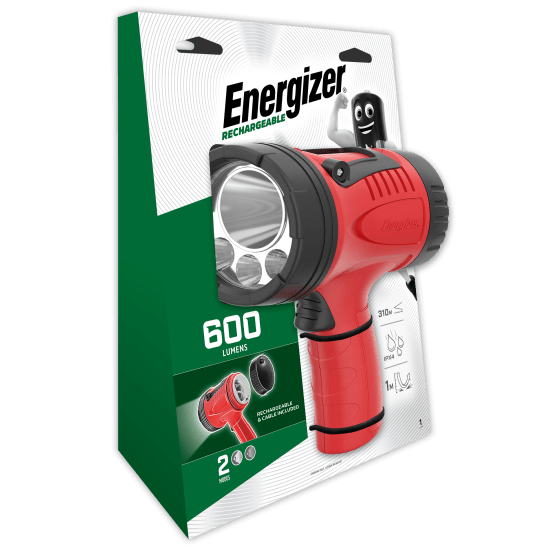 Energizer Rechargeable Spotlight: 600 lumens, USB rechargeable, IPX4 waterproof, with a hands-free stand and large push button.