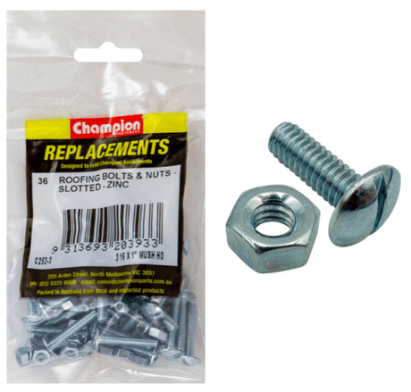 Durable 3/16 x 1'' zinc roofing bolts and nuts, 36-pack, designed for secure fastening of roofing materials.