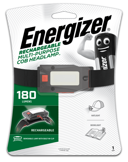 Energizer Rechargeable Multi-Use Headlamp with 140 lumens, 4 light modes, 360-degree rotation, and water resistance.