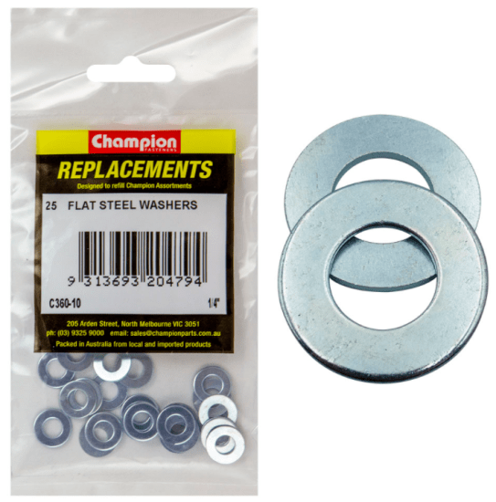 1/4'' flat steel washers in a 25-pack, ideal for reliable load distribution in various DIY and construction projects.