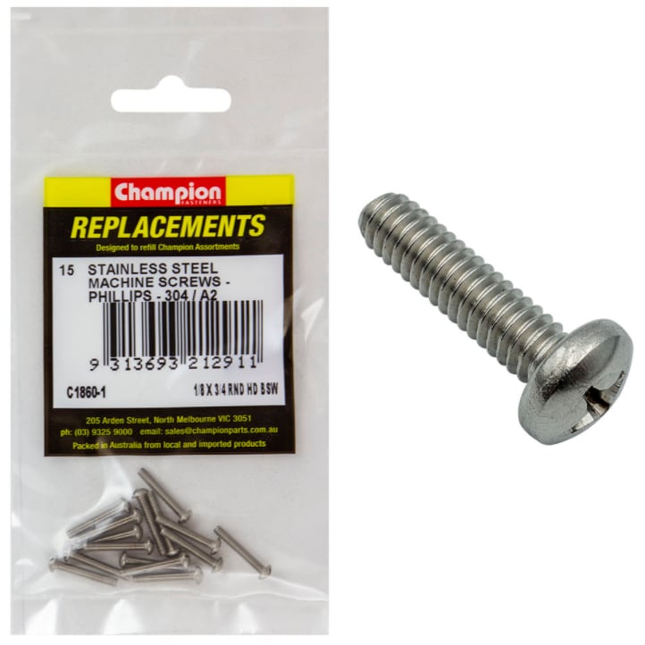 1/8 X 3/4 RND Stainless Steel Machine Screws 15PK