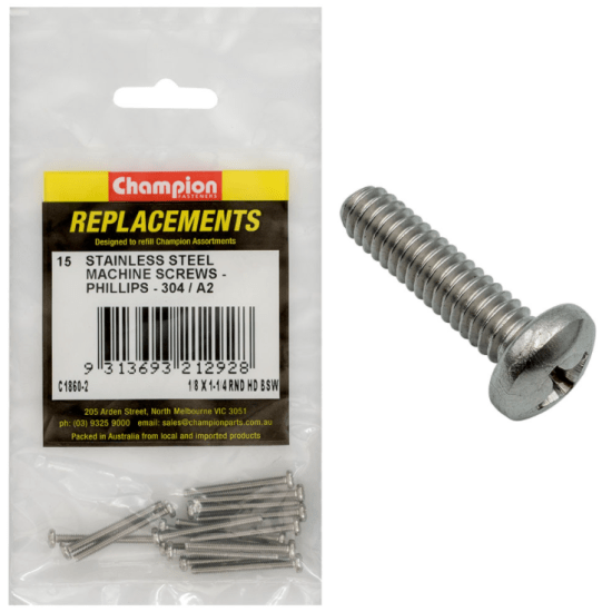 1/8" x 1-1/4" stainless steel machine screws in a 15-pack, durable and rust-resistant for various applications.