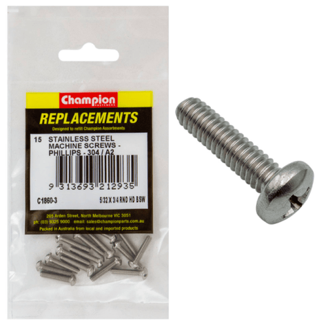 Pack of 15 stainless steel machine screws, 5/32 x 3/4 inches, rust-resistant for durability in various applications.