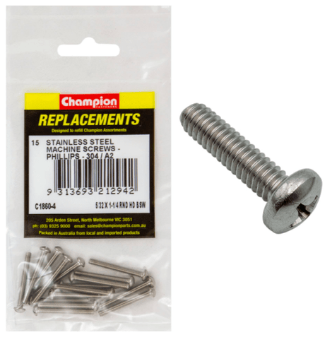 Premium stainless steel 5/32 X 1-1/4 machine screws in a 15-pack, ideal for durable fastening in various projects.