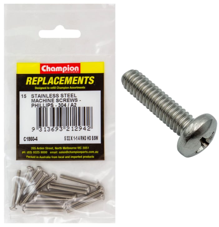 5/32 X 1-1/4 Stainless Steel Machine Screws 15PK