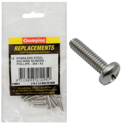 Quality 3/16 X 3/4 inch stainless steel machine screws in a 15-pack, ideal for durable fastening in various projects.