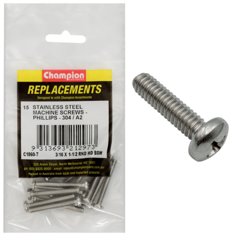 Premium 3/16 X 1-1/2 RND stainless steel machine screws in a 15-pack, ideal for durable fastening in various applications.