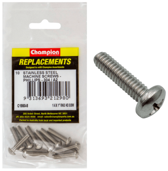 1/4 X 1'' round stainless steel machine screws in a 10-pack, ideal for rust-resistant fastening in various materials.