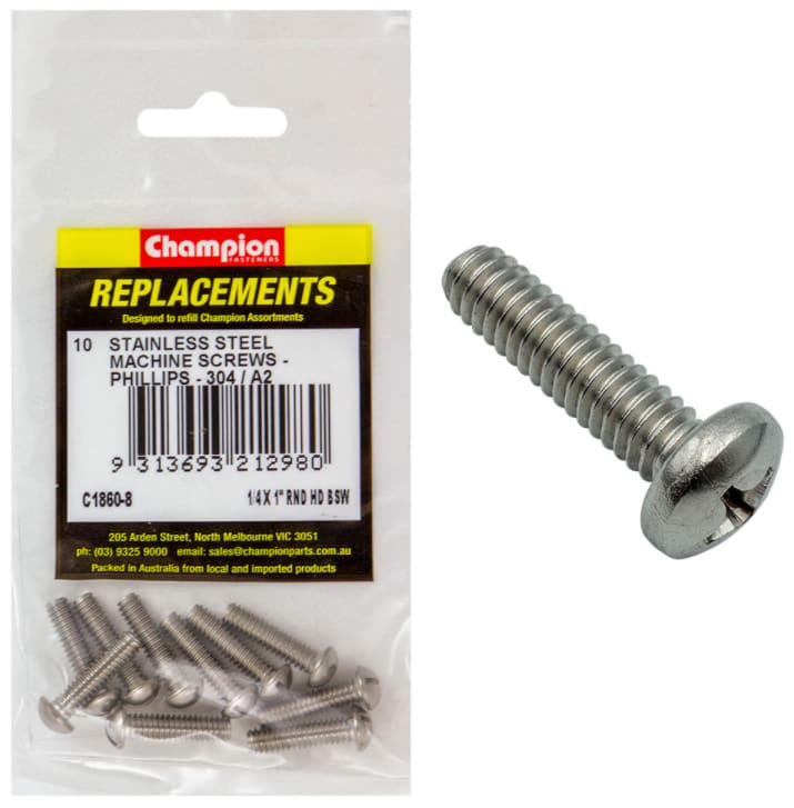 1/4 X 1'' RND Stainless Steel Machine Screws 10PK