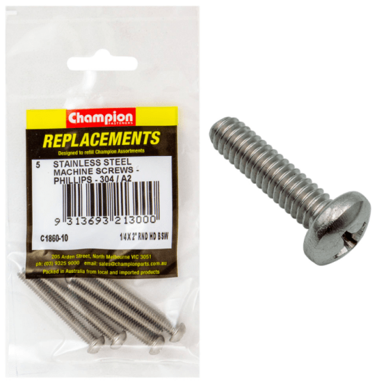 Round head stainless steel machine screws, 1/4 x 2 inches, durable 5-pack for woodworking and construction projects.