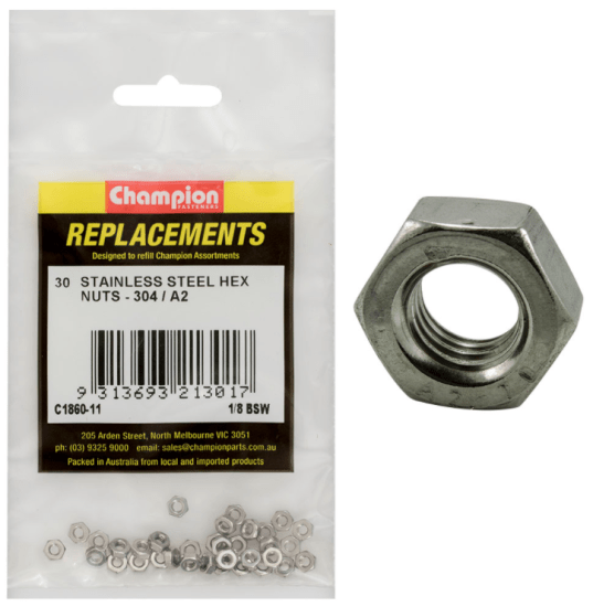 Premium 1/8 BSW stainless steel hex nuts in a 30-pack, offering durability, strength, and corrosion resistance for various projects.