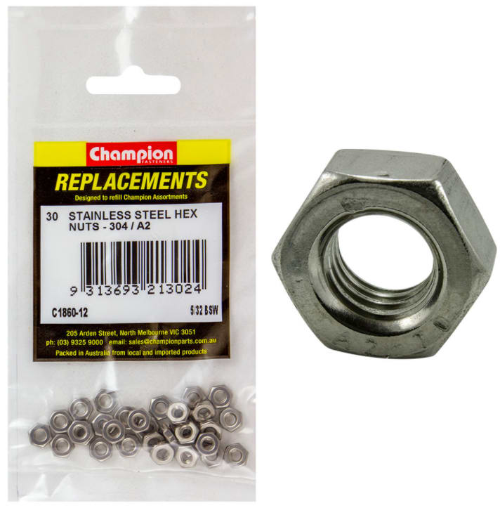5/32 Stainless Steel Hex Nuts 30PK