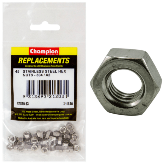 Premium 3/16 BSW stainless steel hex nuts in a 45-pack, offering strength, durability, and corrosion resistance for various applications.