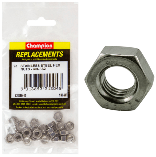 Premium 1/4 BSW stainless steel hex nuts - 23PK, durable and rust-resistant, perfect for reliable fastening in various projects.