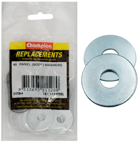 Rust-resistant 3/8 x 1-1/4 steel panel washers in a 40PK, ideal for securing bolts in construction and DIY projects.