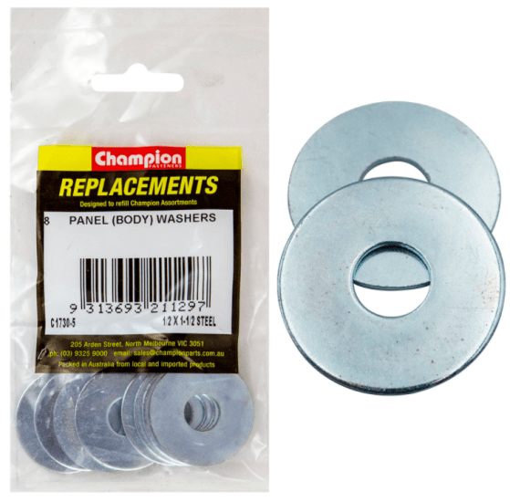 1/2 X 1-1/2 steel body washers in an 8-pack, designed for strength, stability, and corrosion resistance in construction projects.