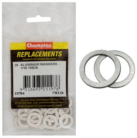 Pack of 30 robust 7/16 x 3/4 inch aluminum washers, ideal for fastening, sealing, and insulation in various projects.