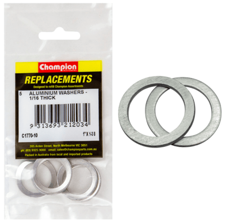 Durable 1" x 1-3/8" aluminium washers in a 5-pack, ideal for outdoor and indoor fastening projects.