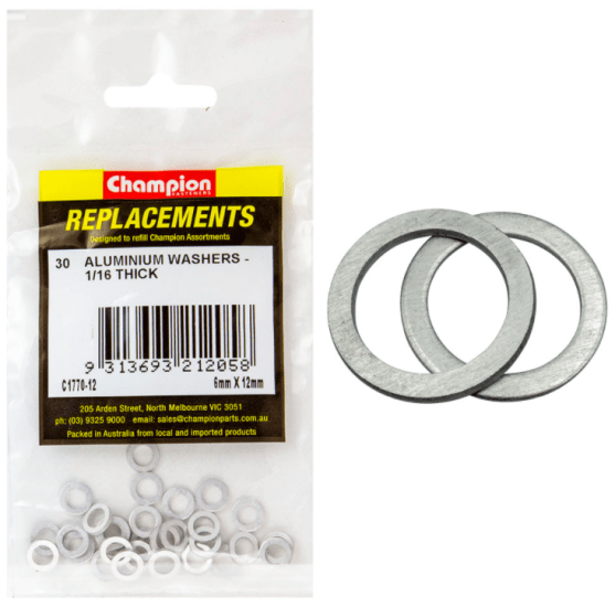 Lightweight 6MM x 12MM aluminium washers in a 30PK, ideal for woodworking, plumbing, and metalworking applications.