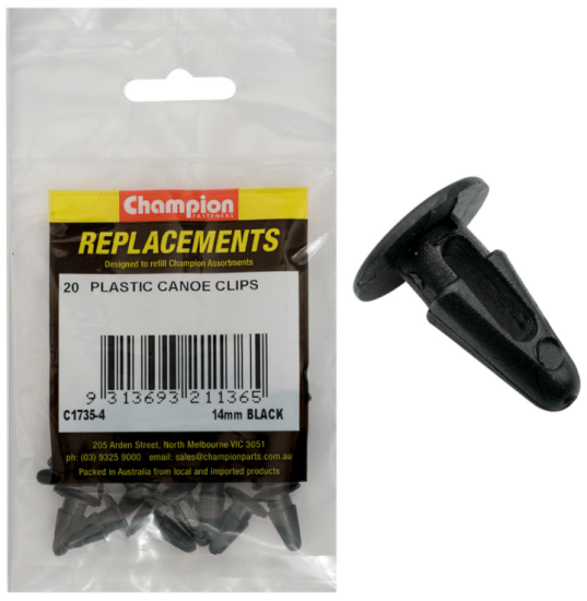 Durable 14MM black plastic canoe clips in a 20-pack, designed for securing gear during water adventures.