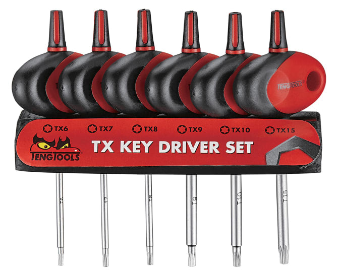 Teng 6pc Mini TX T-Handle Screwdriver Set with Holder, featuring 50mm heads for precision in tight spaces.