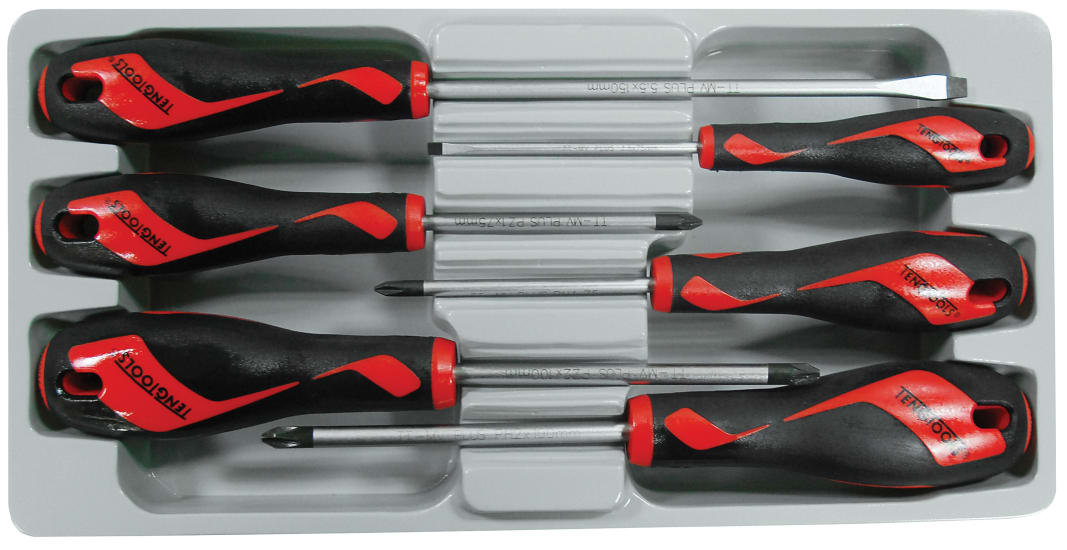 Teng 6 Piece Screwdriver Set featuring slotted, Phillips, and Pozidriv heads with ergonomic handles and TT-MV PLUS steel blades.