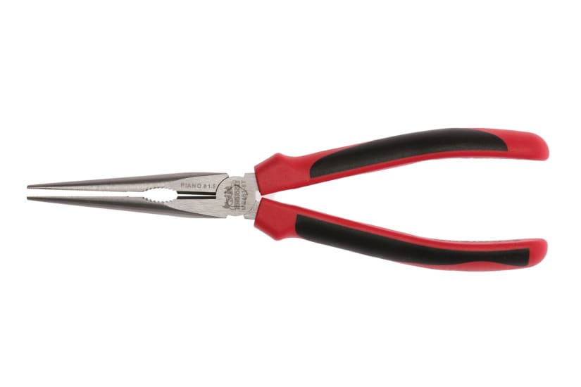 8-inch long nose plier with ergonomic handles, chrome molybdenum steel, for precise cutting in tight spaces.