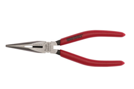 6" long nose plier made of chrome molybdenum steel, features rubber dipped handles and serrated grip for precision tasks.