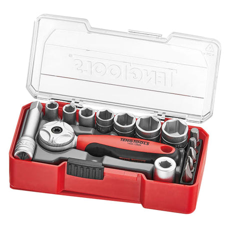 15-piece Teng socket set with chrome vanadium sockets, 72-teeth ratchet, and organizer tray for versatile fastening solutions.