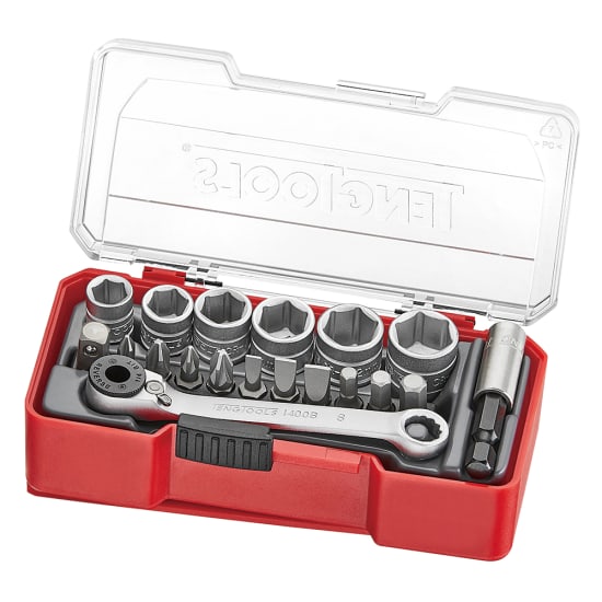 19-piece Teng Tools socket set with 1/4" drive, 8-13mm sizes, 6-point design, and hip grip for rounded fasteners.