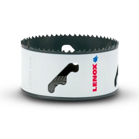 Lenox 98mm Bi-Metal Hole Saw, designed for efficient cutting in wood and metal with enhanced durability and fast plug ejection.