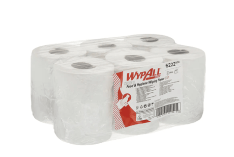 Wypall L10 centrefeed roll wipers in a case of 6, ideal for hygienic cleaning in food preparation and service environments.