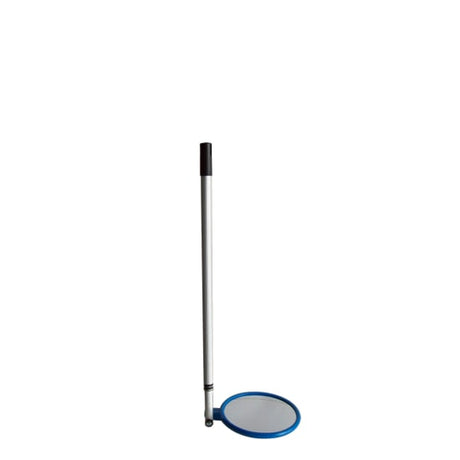 Portable inspection mirror with 230mm acrylic surface, 60-120cm adjustable handle, and protective nylon storage bag.