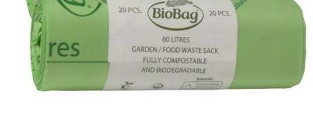 Eco-friendly Bio Bag Liners, 80L, certified compostable, odor-reducing, hygienic waste disposal solution for home and commercial use.