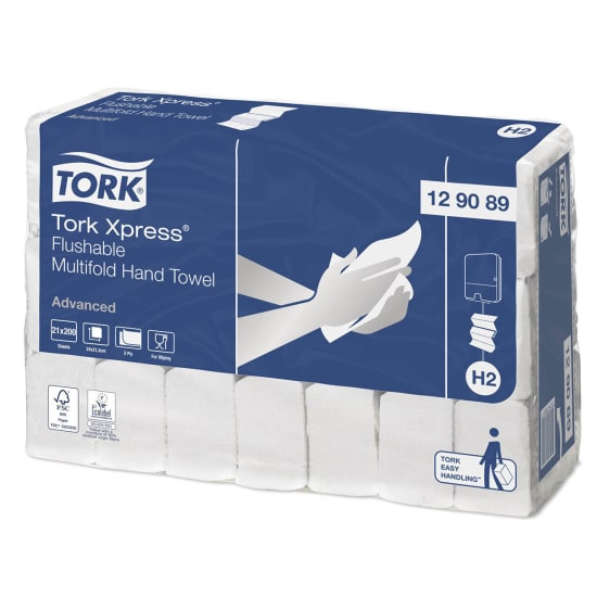 Tork Xpress H2 Flushable Multifold Paper Towels, eco-friendly, one-at-a-time dispensing, ideal for high-traffic restrooms.