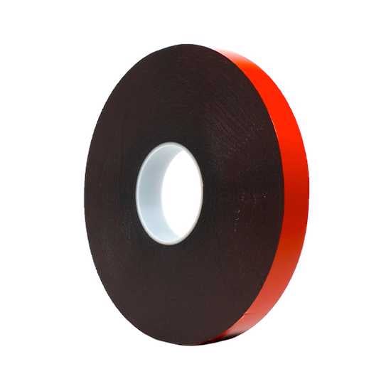 Double-sided black mounting tape, 18mm x 5m, ideal for heavy-duty bonding on multiple surfaces, with UV and temperature resistance.