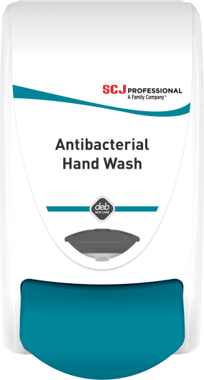 Deb Skin Care Antibacterial Hand Wash Dispenser in sleek design, accommodates 1L cartridges for efficient hand hygiene.