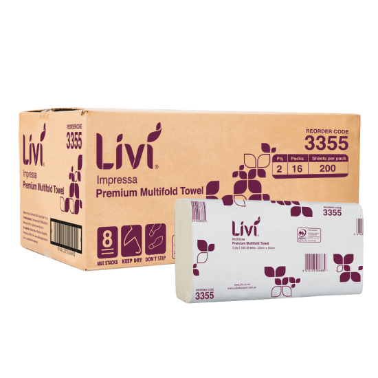 Livi Impressa 2-Ply Multifold Paper Towels, 200 sheets per pack, 16 packs total, embossed, premium drying quality.