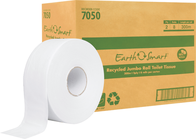 EarthSmart 2-ply jumbo toilet paper roll, 300 metres long, eco-friendly, biodegradable, soft and absorbent, case of 8 rolls.