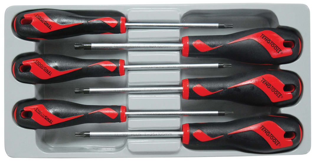 Alt text: "Teng 6 Piece Screwdriver Set featuring durable TX heads, TT-MV PLUS steel blades, and ergonomic handles for comfort and grip."