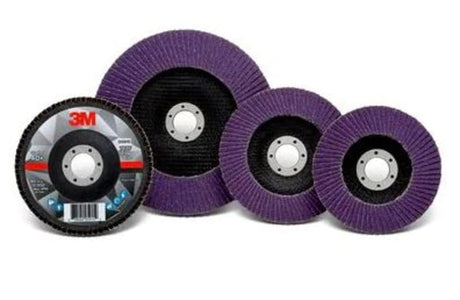 3M Flap Disc 769F 40+-115mm, 10-pack for metalworking, featuring Precision-Shaped Grain for superior performance and durability.