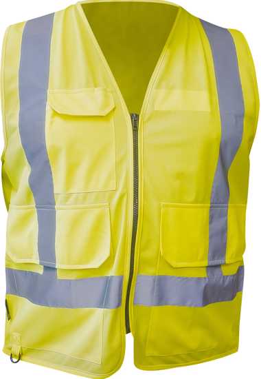 Hi Vis large pocket safety vest in Fluro Yellow, size 5XL, with multiple pockets, ID clip, and reflective elements for high visibility.